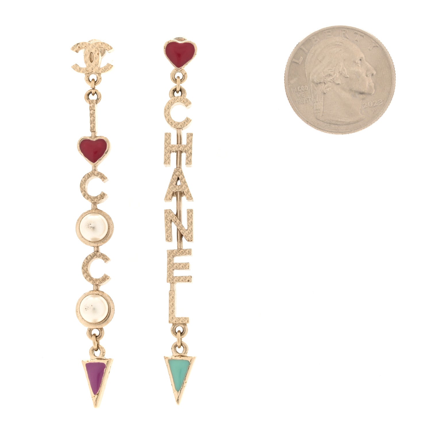 Chanel Pearl Enamel Logo Long Drop Earrings Gold 2 of 5