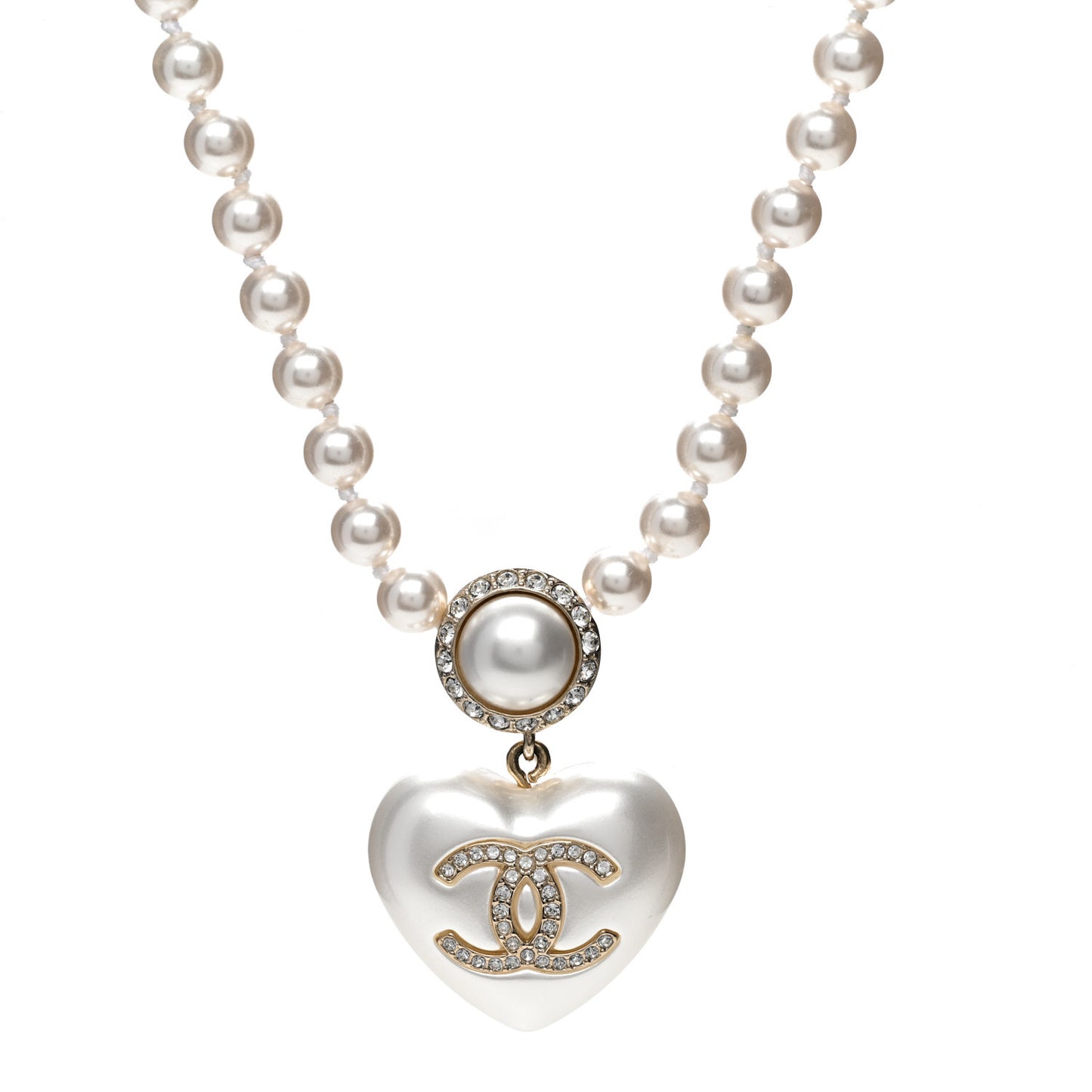 Pearl Crystal CC Heart Short Necklace Pearly White Gold