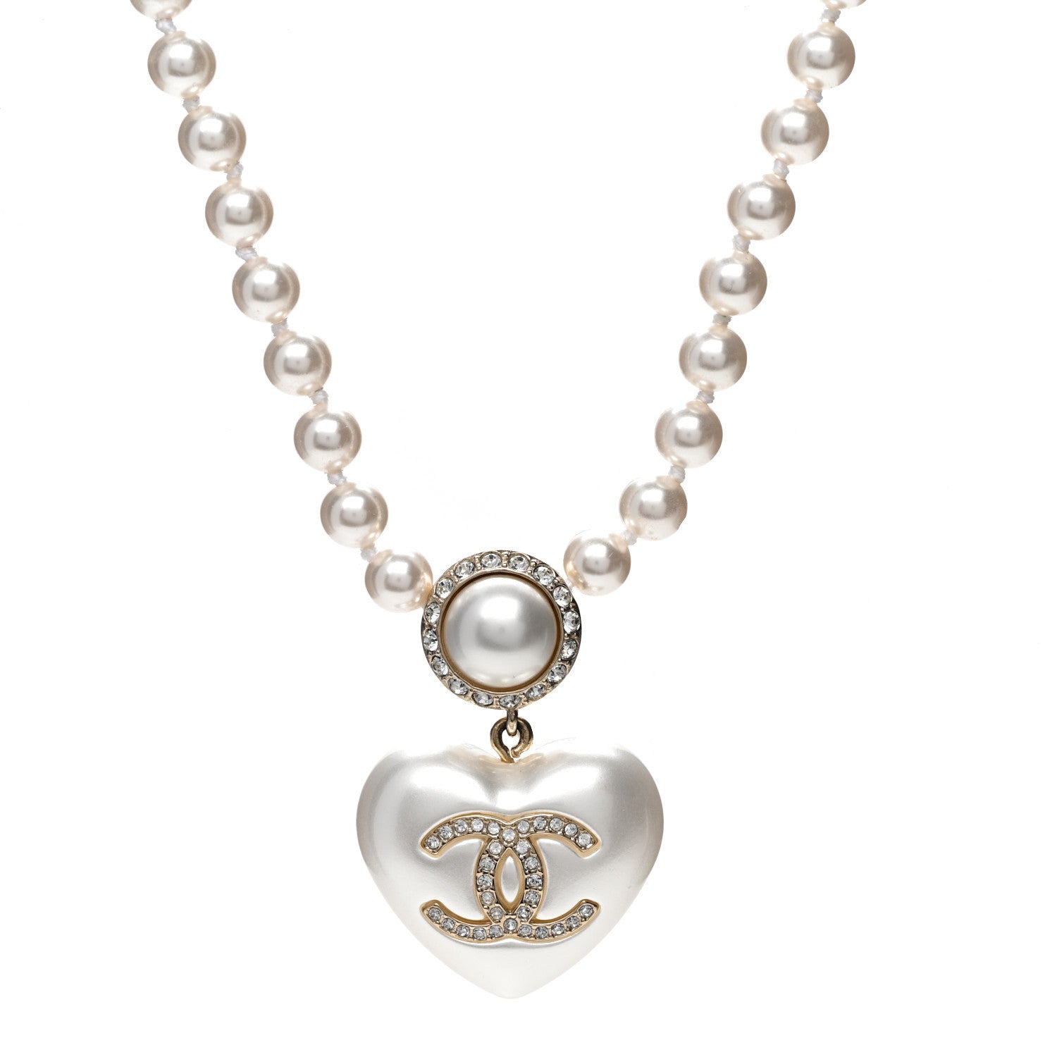 Chanel Pearl Crystal CC Heart Short Necklace Pearly White Gold 1 of 6