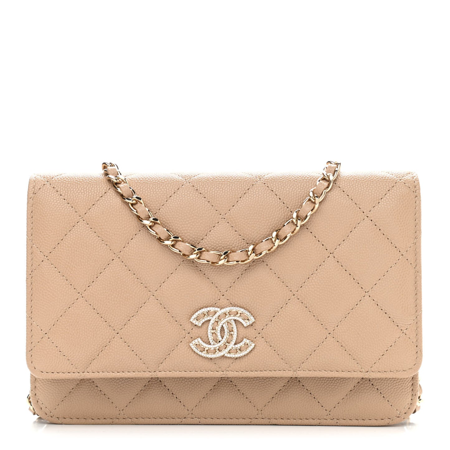 Caviar Quilted Crystal CC Wallet On Chain WOC Beige