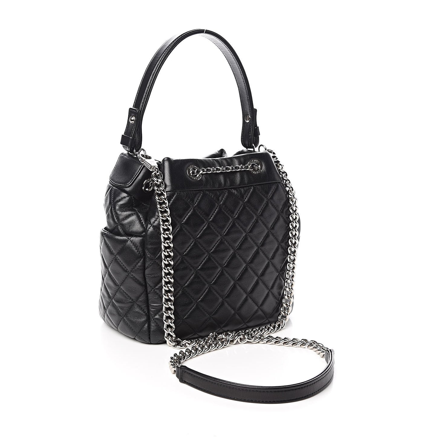 Lambskin Quilted CC Chain Drawstring Tote Black