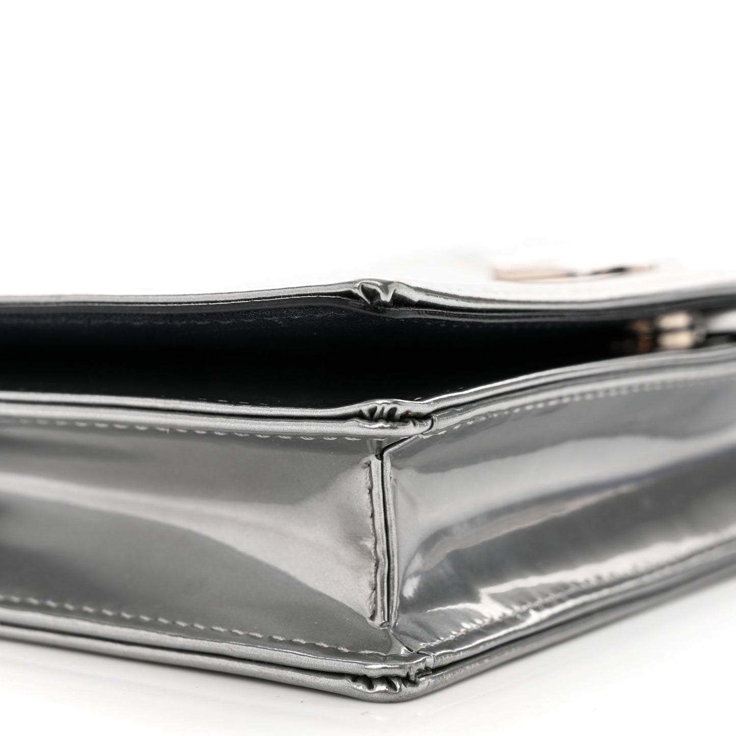 Metallic Patent Micro-Cannage Diorama Wallet on Chain Pouch Silver