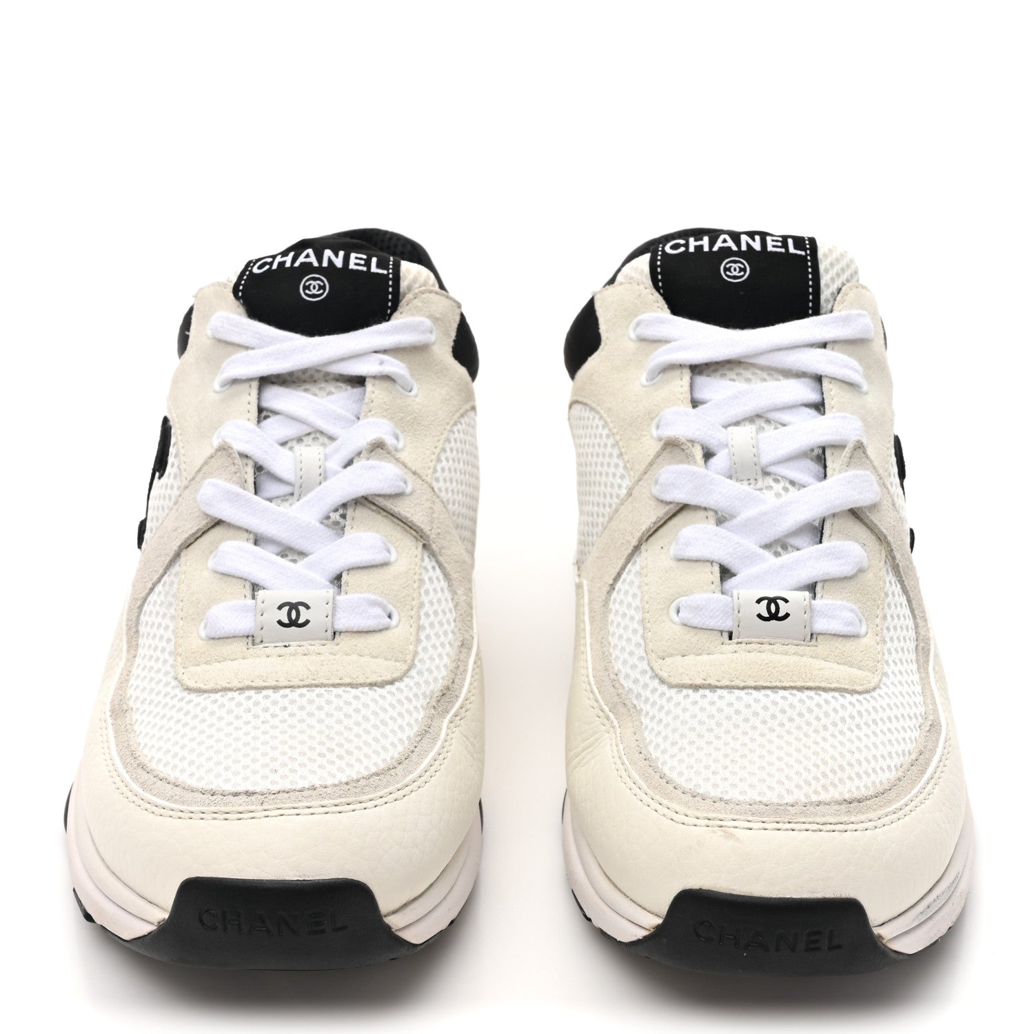 Chanel Mesh Suede Calfskin Grained Calfskin Womens CC Sneakers 40.5 White Black 2 of 11
