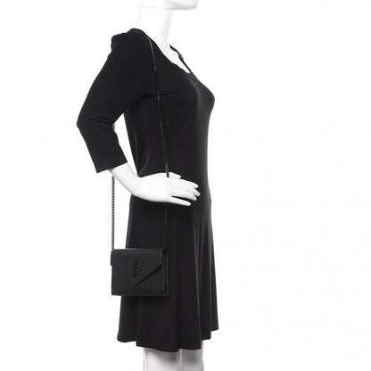 Saint Laurent Calfskin Crocodile Embossed Monogram Envelope Chain Wallet Black 2 of 12