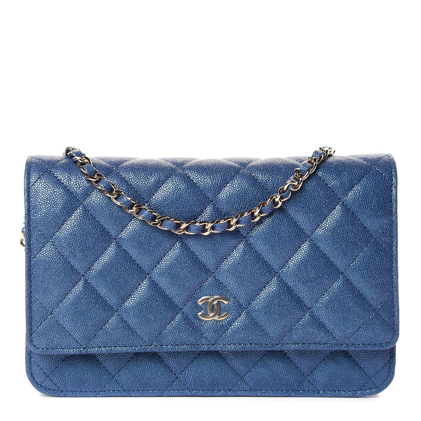 Iridescent Caviar Quilted Wallet On Chain WOC Dark Blue