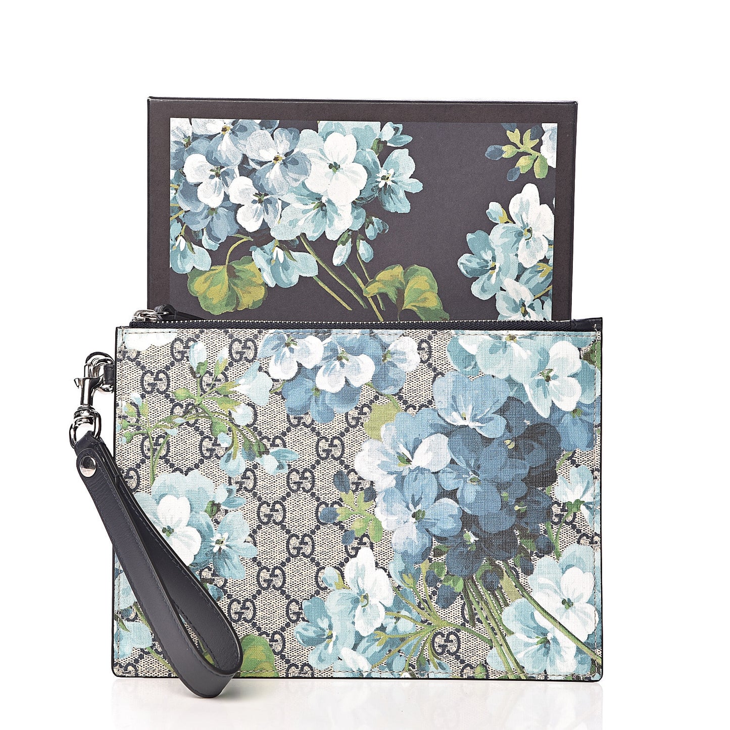 GG Supreme Monogram Blooms Small Zip Wristlet Pouch Beige Blue Black