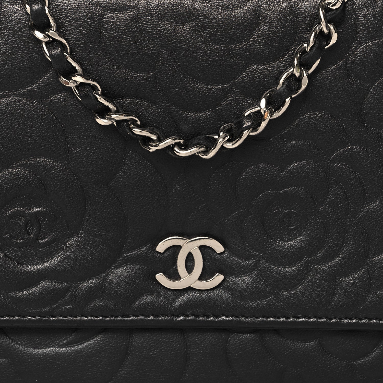 Chanel Lambskin Camellia Embossed Wallet On Chain WOC Black 9 of 13