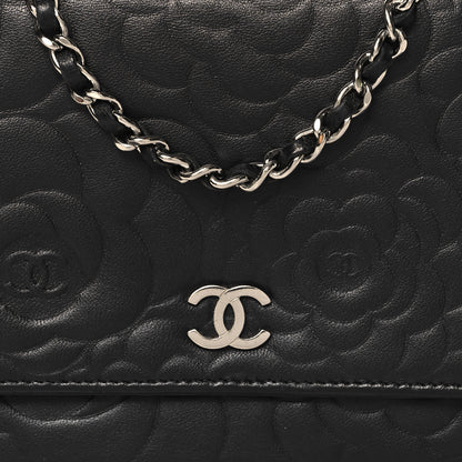Chanel Lambskin Camellia Embossed Wallet On Chain WOC Black 9 of 13