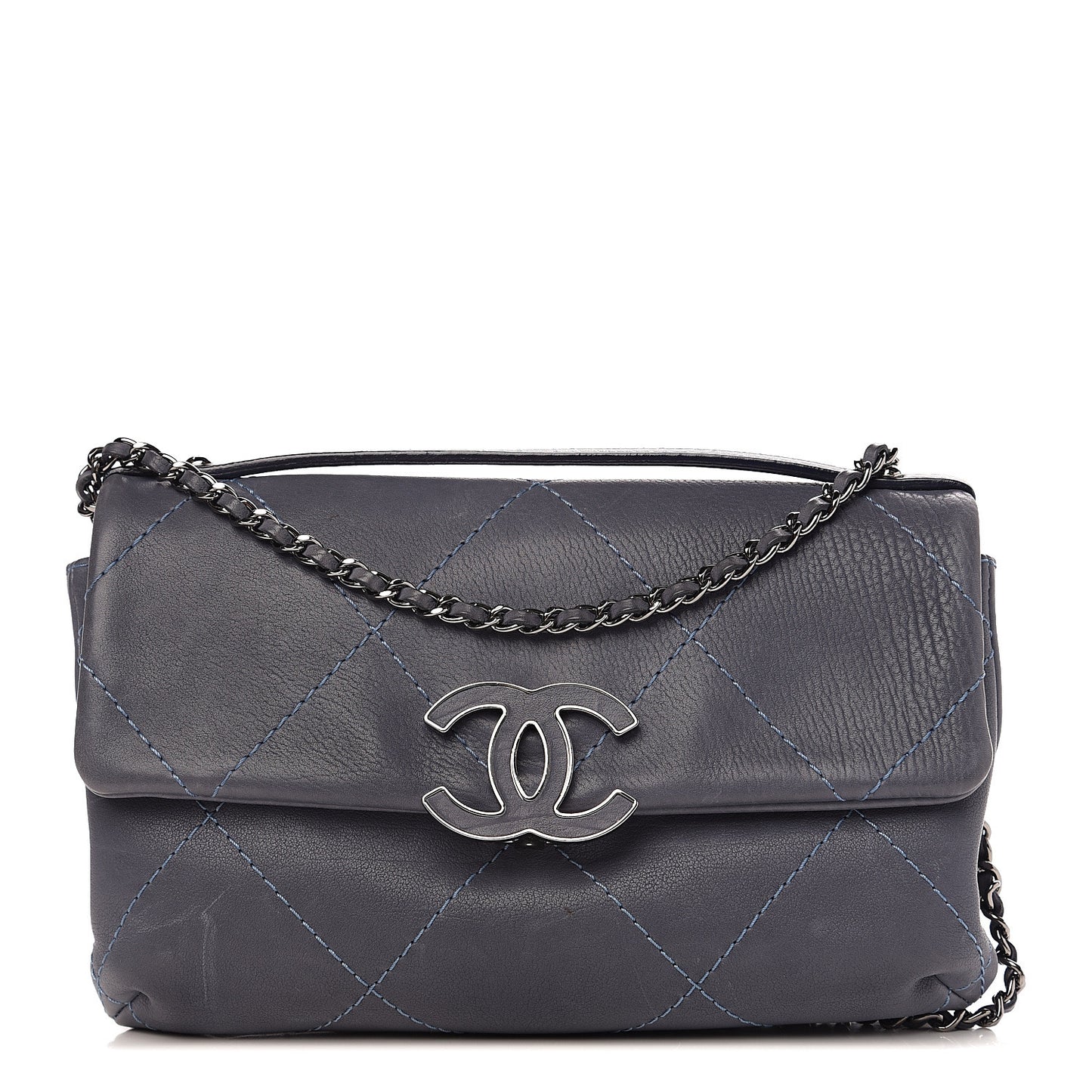 Washed Calfskin Diamond Stitch Hamptons Clutch With Chain Blue