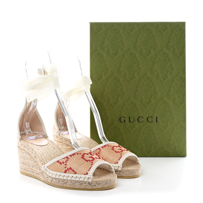 Gucci GG Raffia Monogram Ankle Wrap Platform Espadrille Wedge Sandals 37 Beige 8 of 8