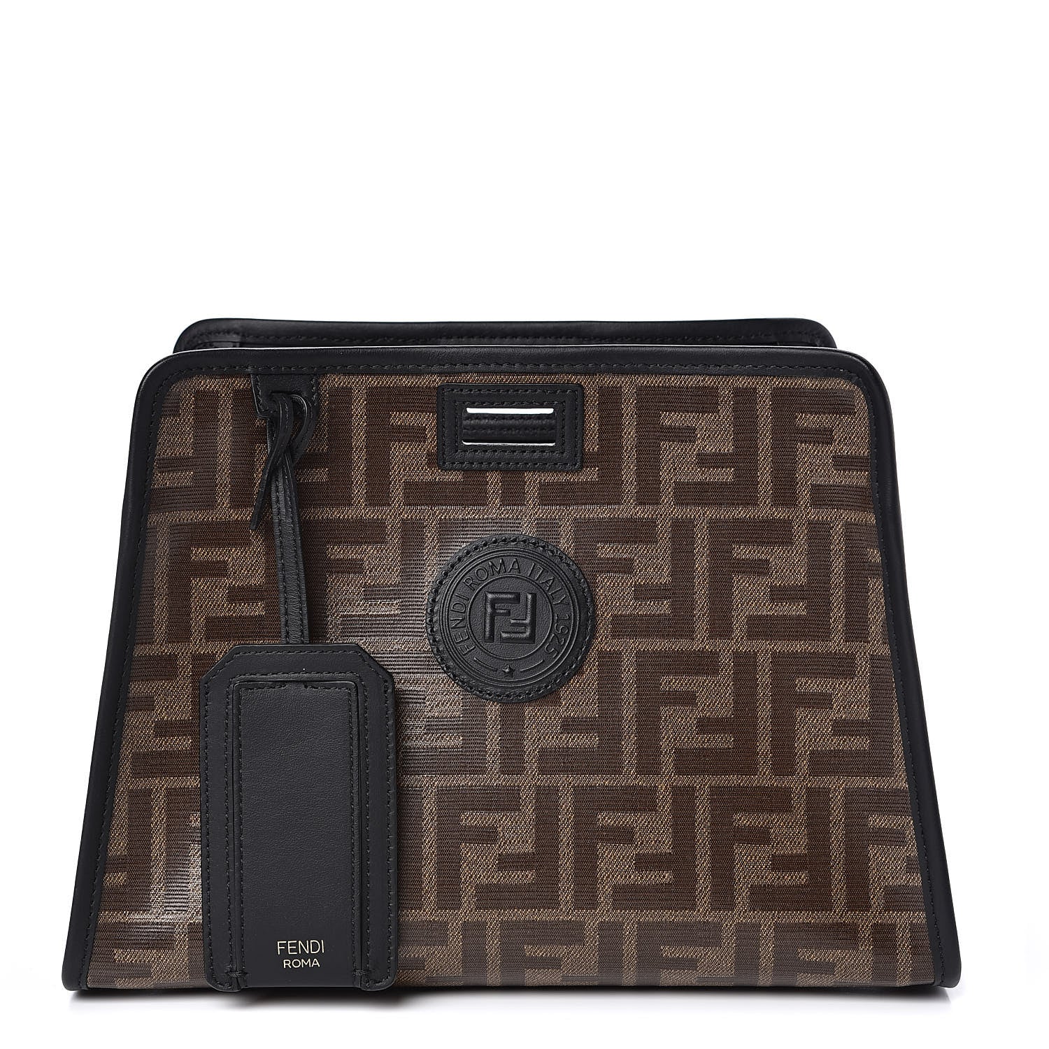 Fendi Glazed Fabric Vitello Century FF 1974 Stamp Patch Mini Peekaboo Defender Cover Mogano Panna Black 1 of 9