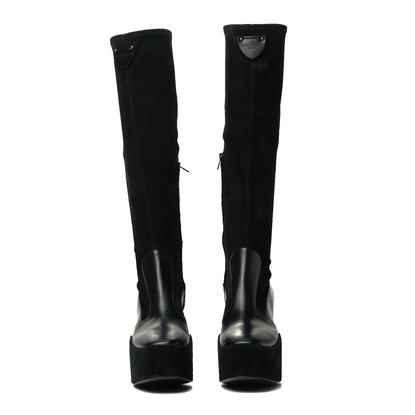 Suede Calfskin Monogram Podium Platform Thigh Boots 37 Black
