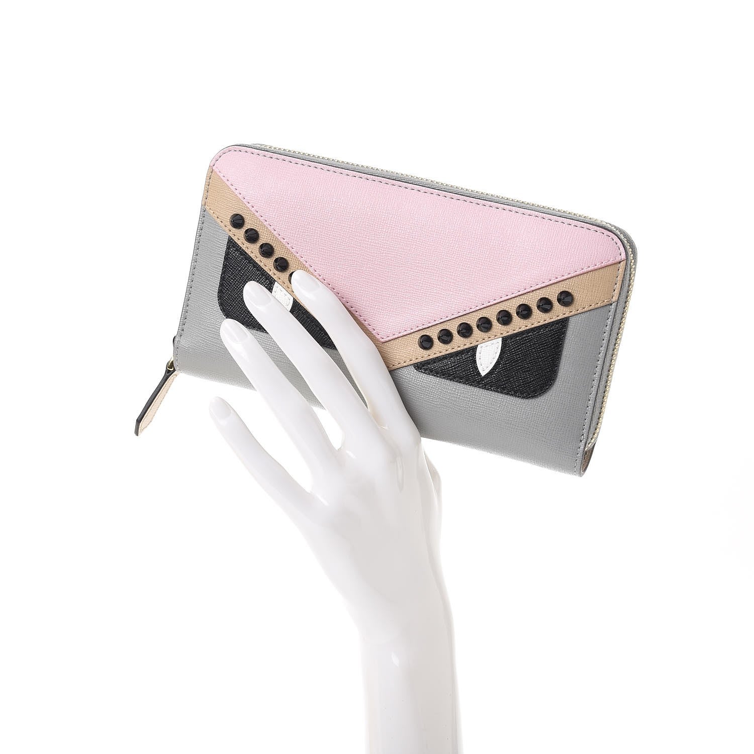Fendi Vitello Elite Monster Eyes Studded Zip Around Wallet Ghiaccio Black Multicolor 2 of 8