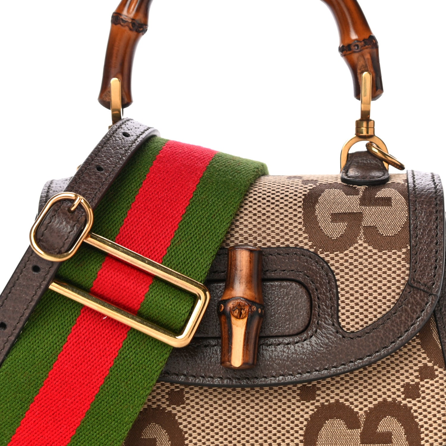 Gucci Monogram Jumbo GG Textured Dollar Calfskin Web Mini Bamboo 1947 Top Handle Bag Camel Ebony New Acero 8 of 11