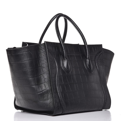 Celine Crocodile Embossed Calfskin Medium Phantom Luggage Black 3 of 10