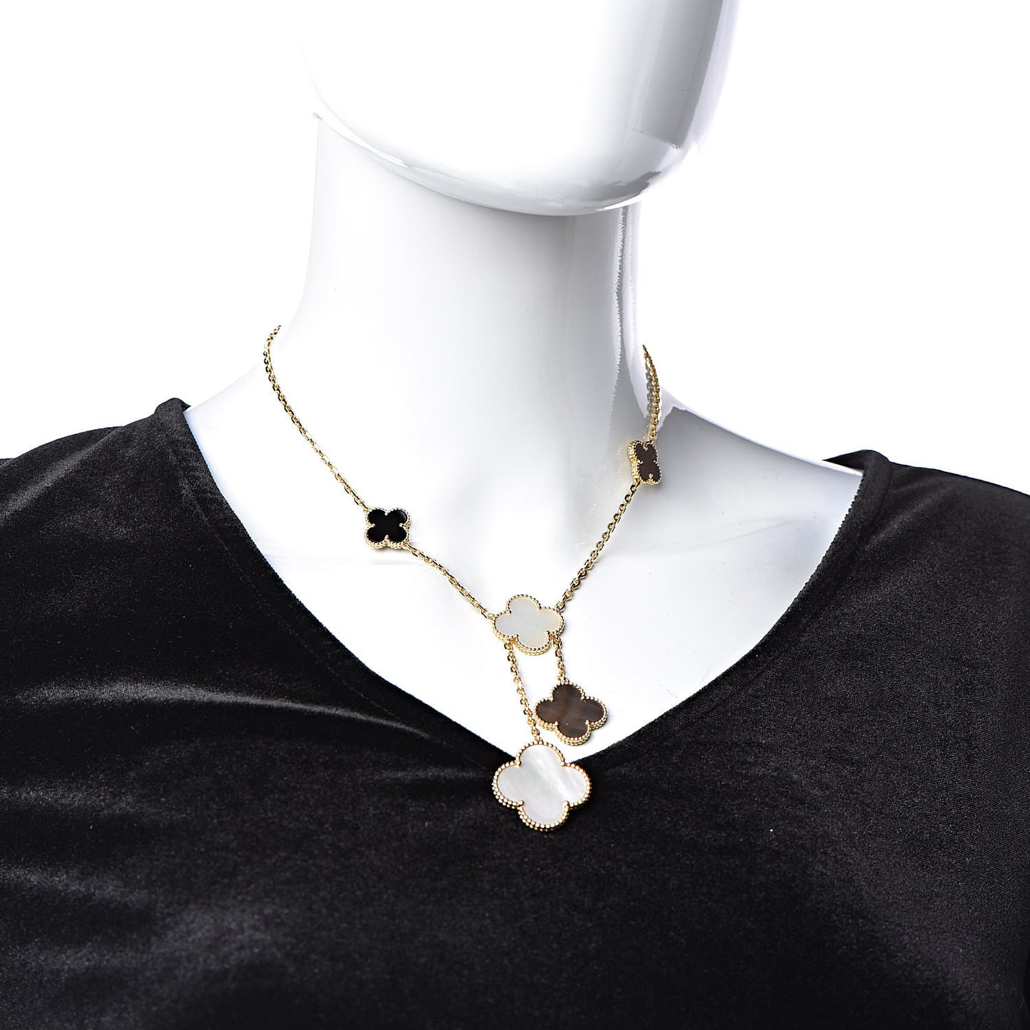 18K Yellow Gold Mother of Pearl Onyx 6 Motifs Magic Alhambra Necklace