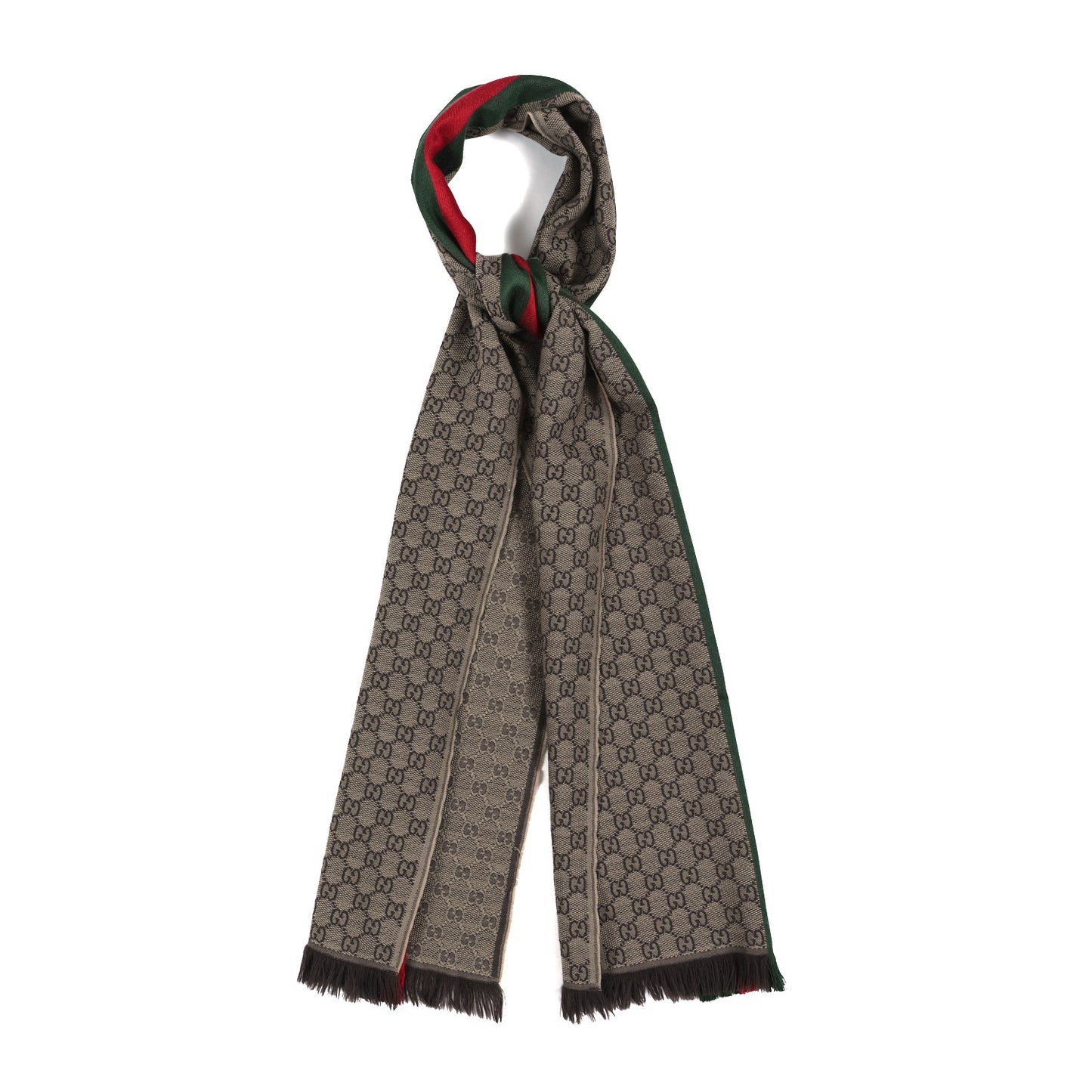 Wool Silk GG Monogram Web Verbier Fringe Scarf Light Brown Dark Green