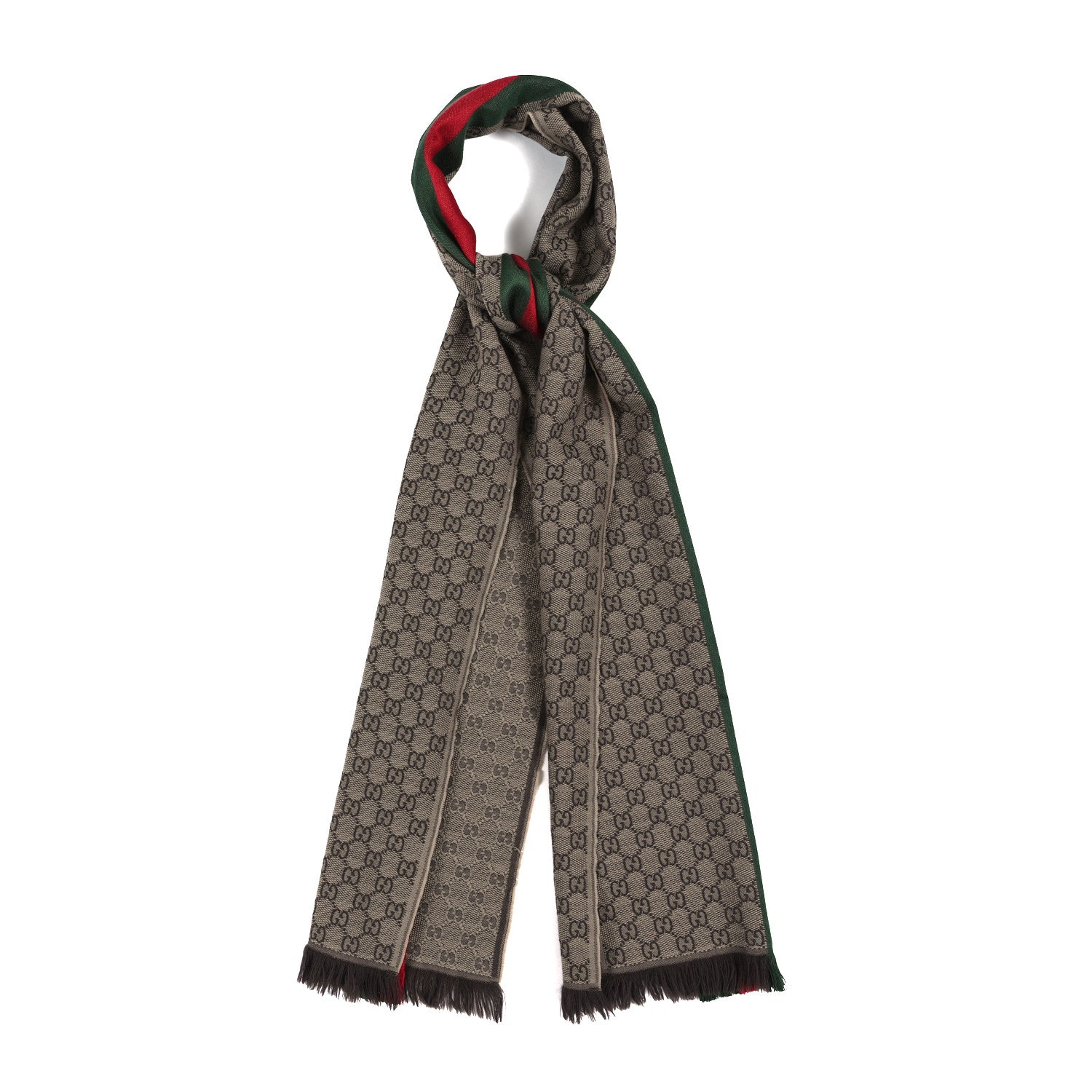 Gucci Wool Silk GG Monogram Web Verbier Fringe Scarf Light Brown Dark Green 1 of 3