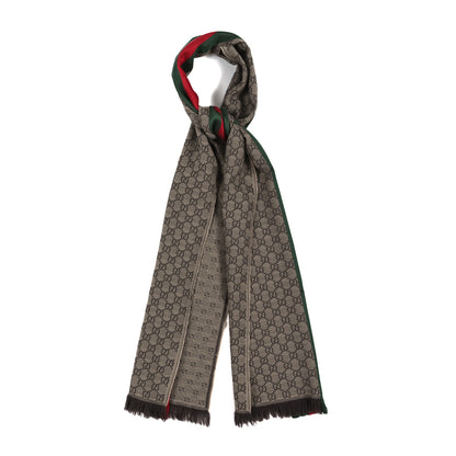 Gucci Wool Silk GG Monogram Web Verbier Fringe Scarf Light Brown Dark Green 1 of 3