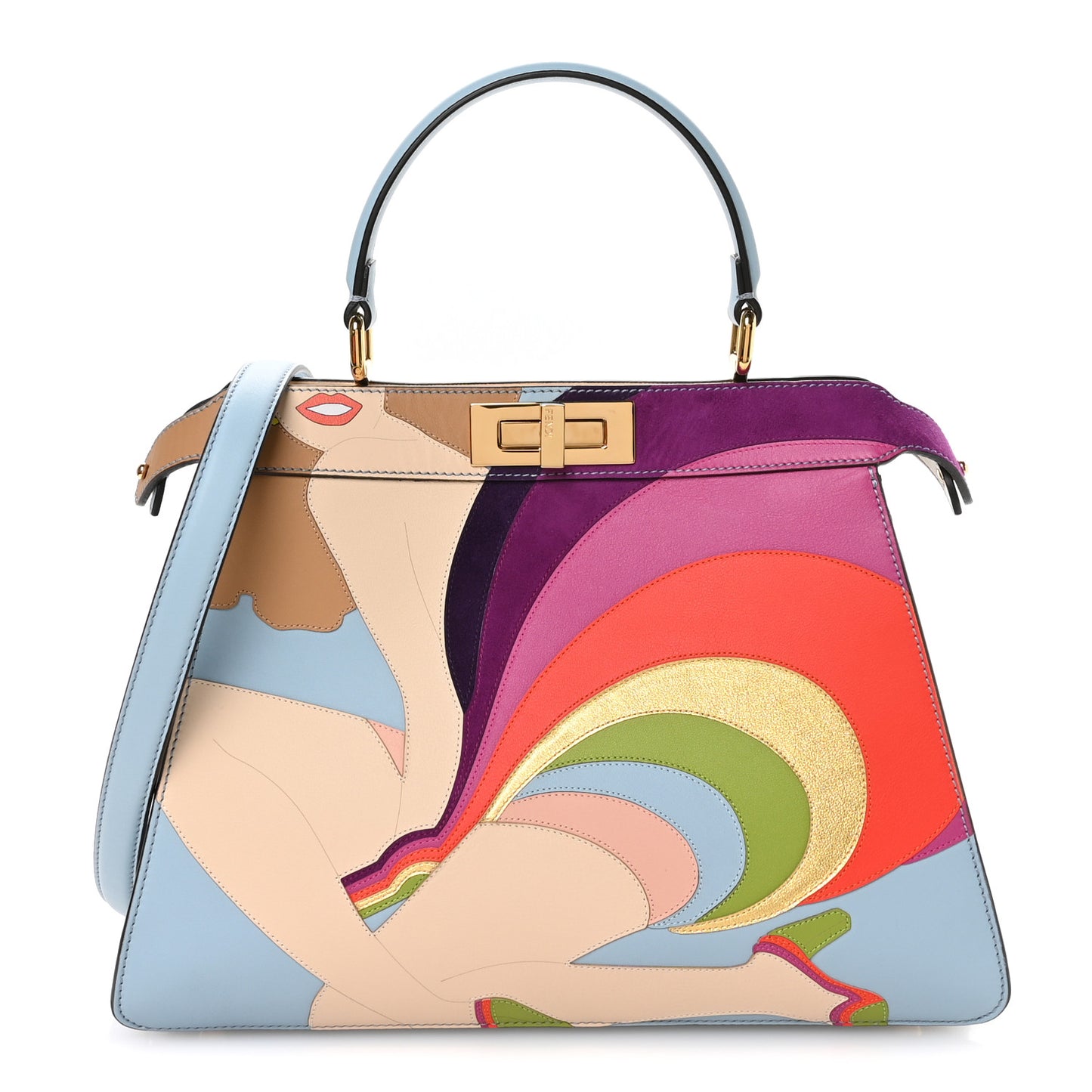 Vitello Seta Nappa Bi-Color Rainbow Girl Inlay Medium Peekaboo I SEE U Satchel Azzurro Baby Multicolor