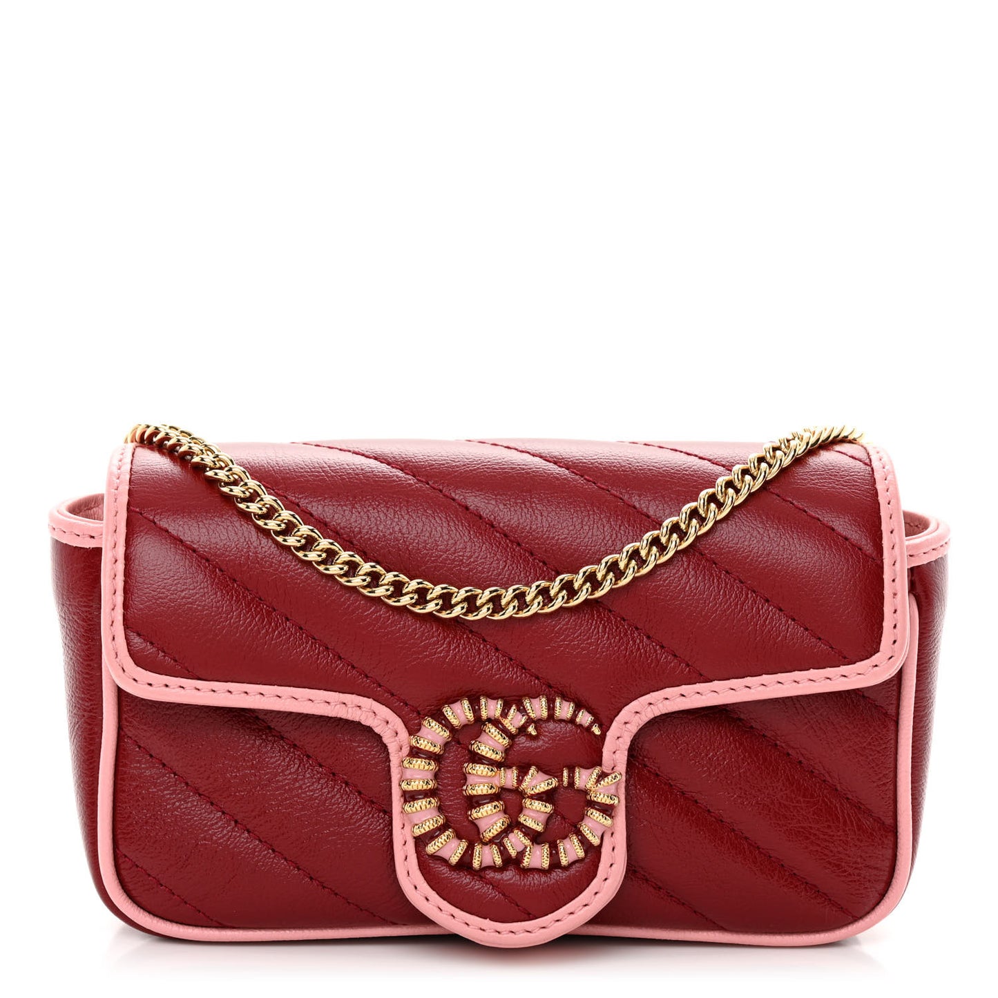 Azalea Calfskin Enamel Matelasse Diagonal Super Mini Torchon GG Marmont Shoulder Bag New Cherry Red Wild Rose