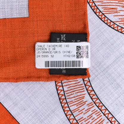 Hermes Cashmere Silk Eperon D'Or Shawl 140 Orange Gris Chine 5 of 5