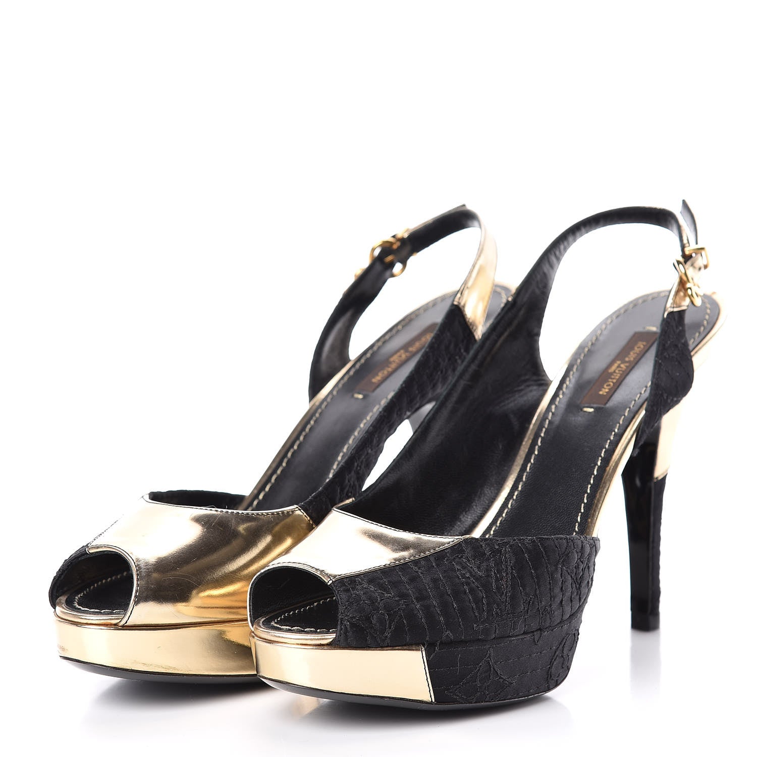 Louis Vuitton Satin Monogram Motard Piccadilly Platform Slingback Pumps 37.5 Black Gold 3 of 9