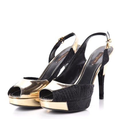 Louis Vuitton Satin Monogram Motard Piccadilly Platform Slingback Pumps 37.5 Black Gold 3 of 9