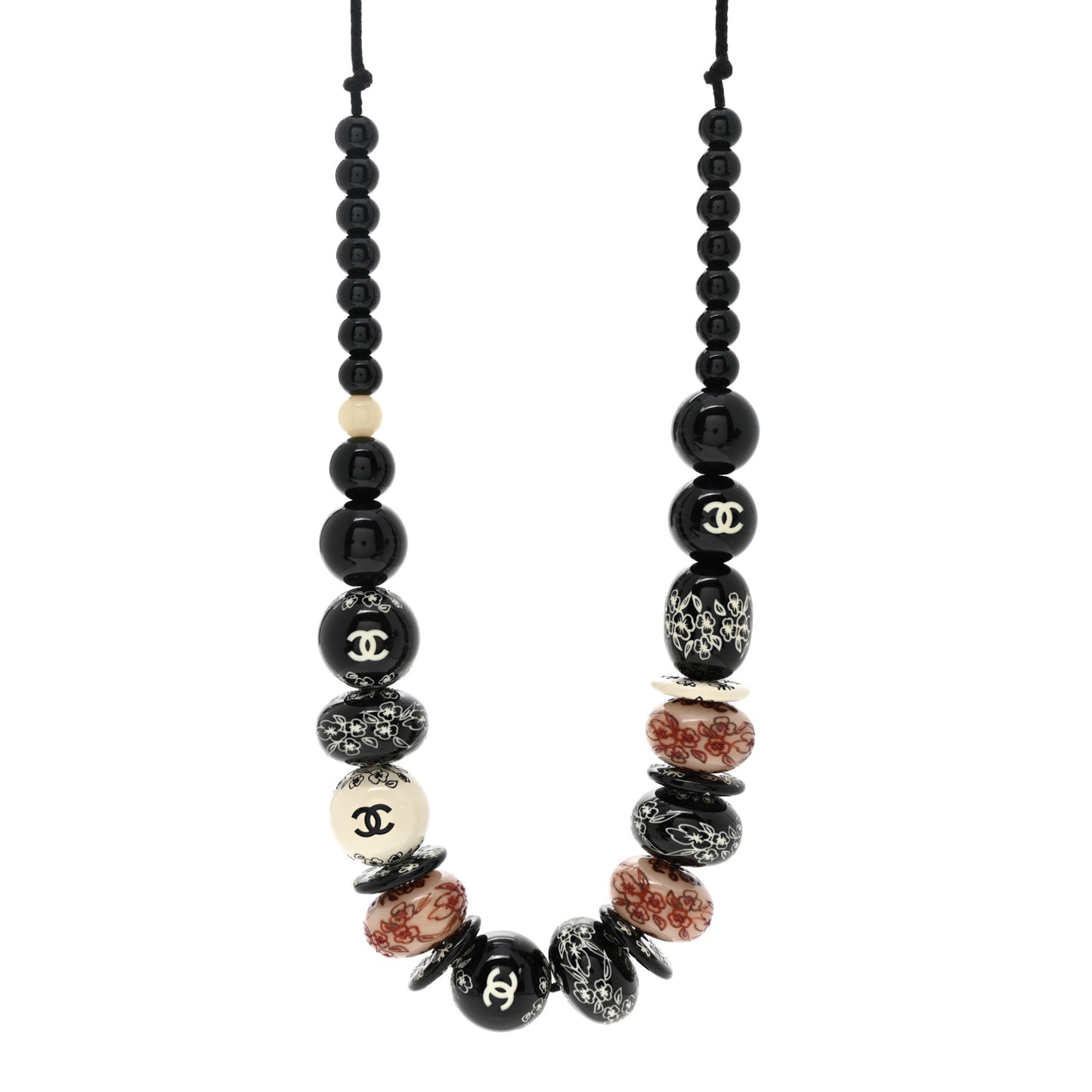 Engraved Wood Beaded CC Rope Necklace Black Multicolor