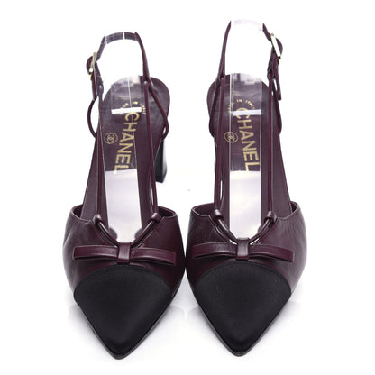 Chanel Lambskin Satin Slingback Cap Toe Bow Pumps 37 Burgundy Black 5 of 10