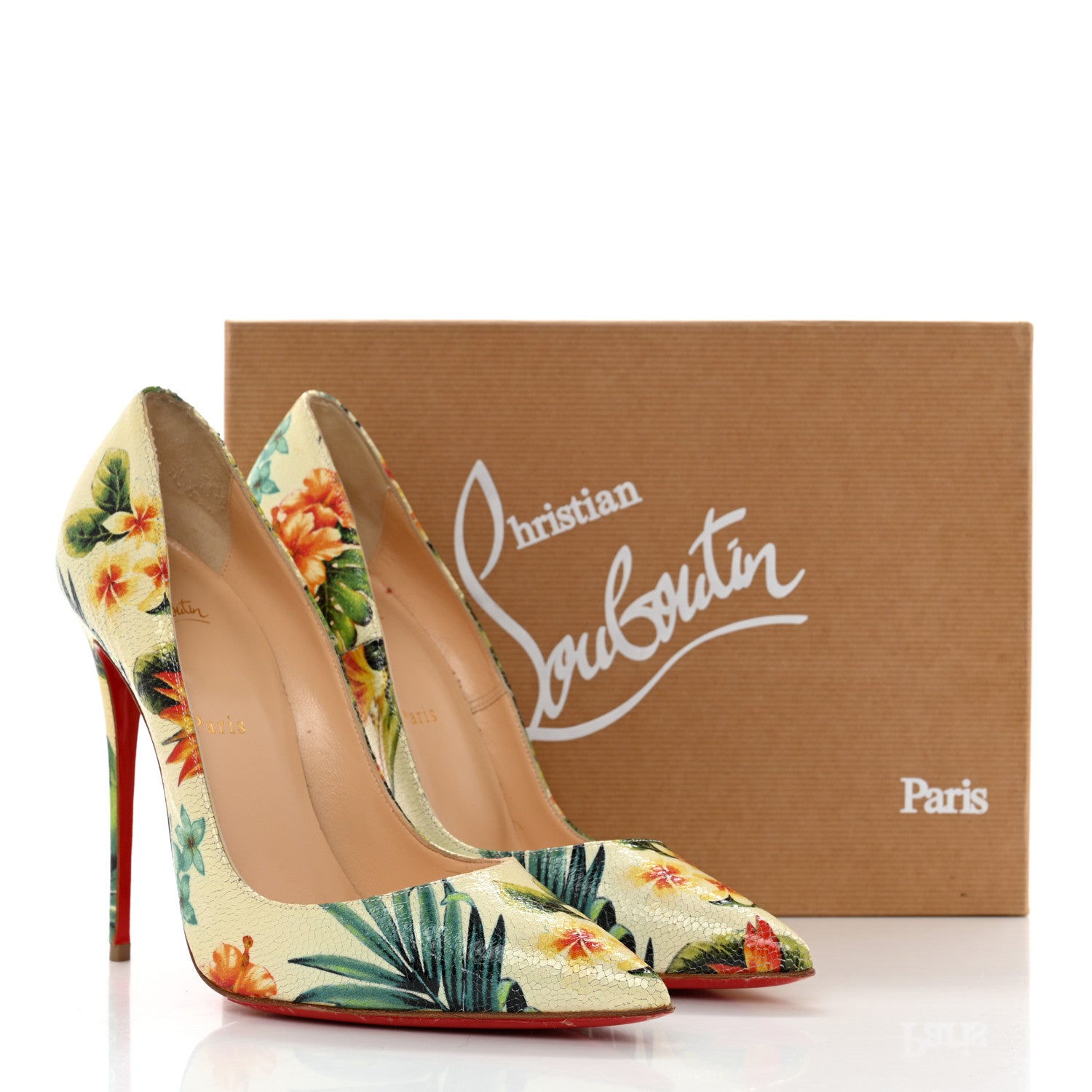 Christian Louboutin Crackled Calfskin Hawaiian Print So Kate 120 Pumps 40.5 White 9 of 9