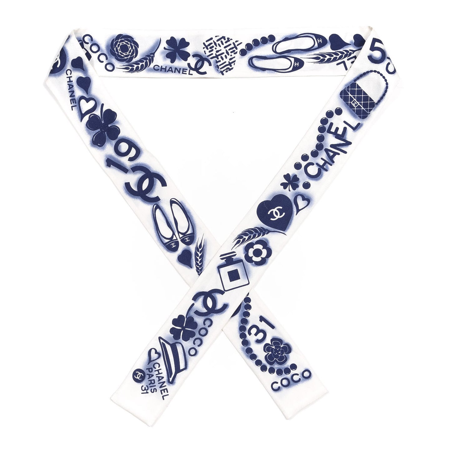 Silk CC Slim Bandeau Scarf White Blue