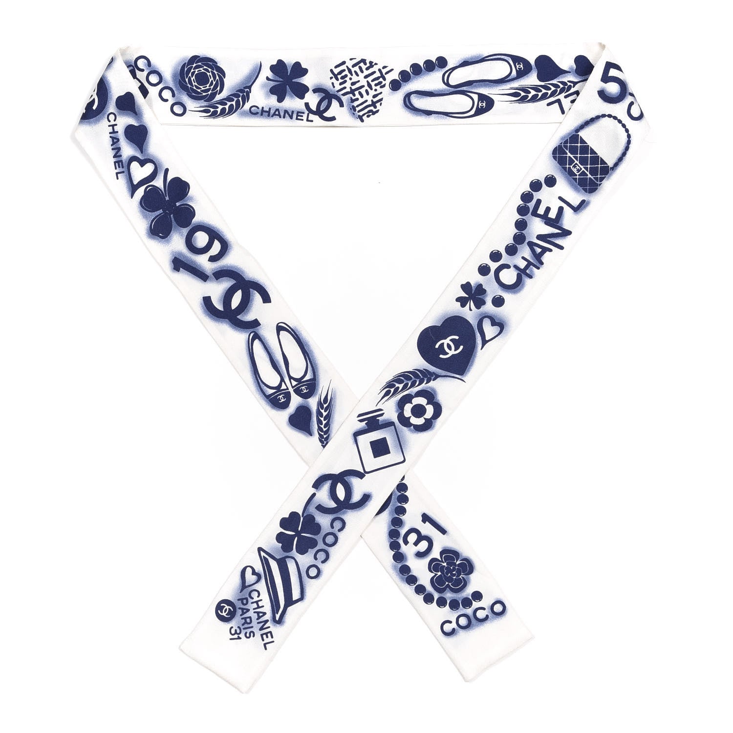 Chanel Silk CC Slim Bandeau Scarf White Blue 1 of 4