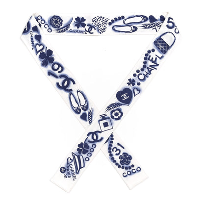 Chanel Silk CC Slim Bandeau Scarf White Blue 1 of 4