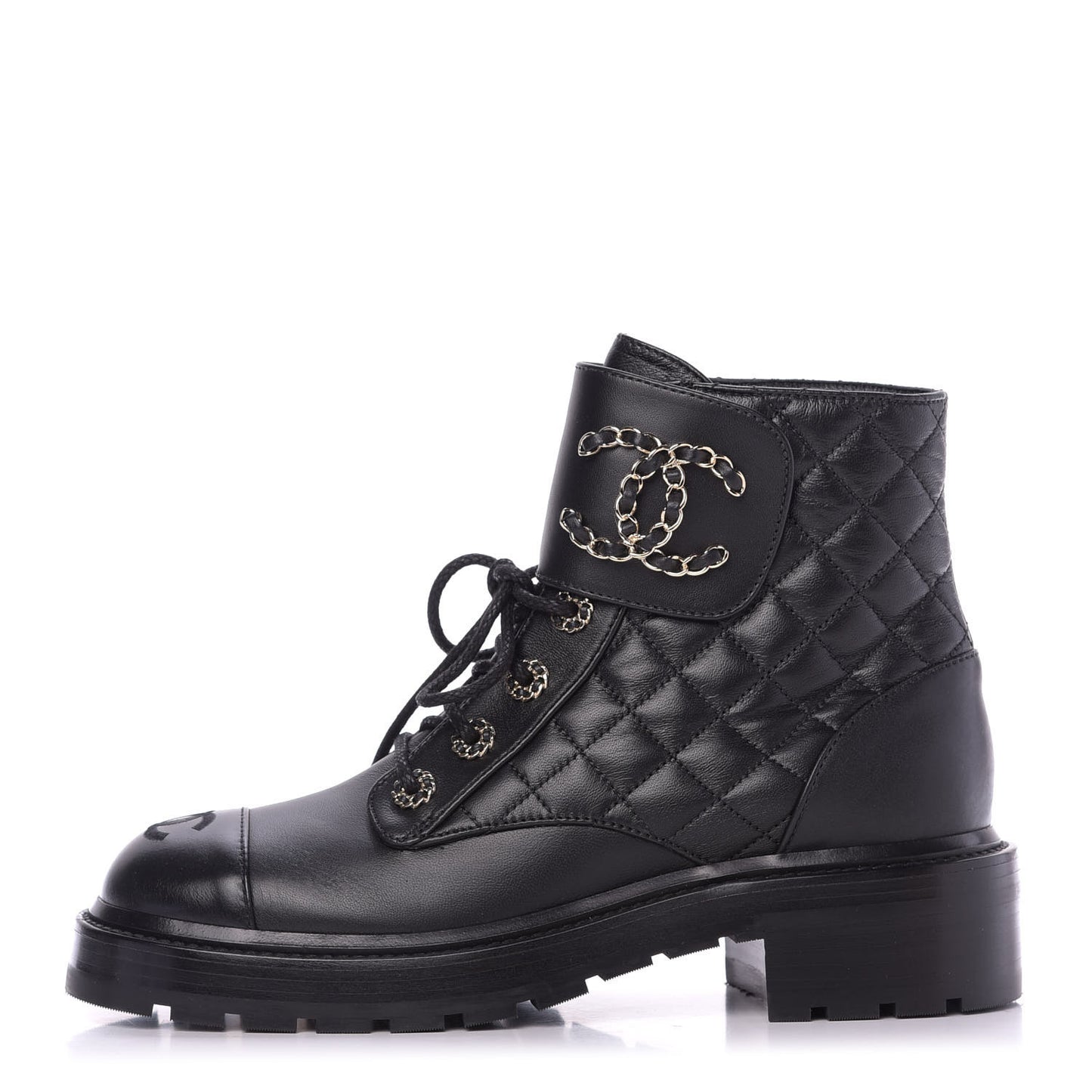 Shiny Lambskin Quilted Lace Up Combat Boots 38 Black