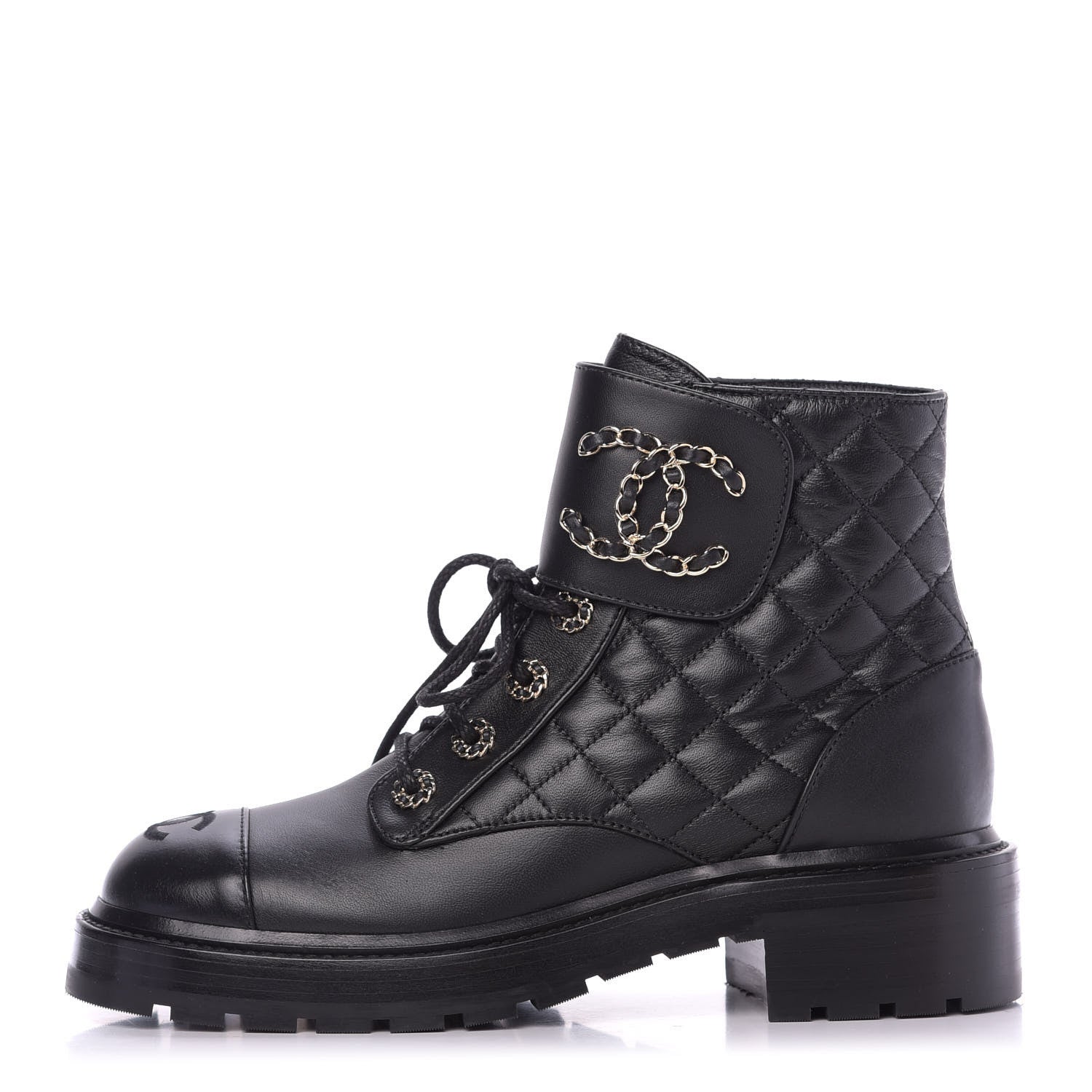 Chanel Shiny Lambskin Quilted Lace Up Combat Boots 38 Black 1 of 9