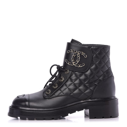Chanel Shiny Lambskin Quilted Lace Up Combat Boots 38 Black 1 of 9
