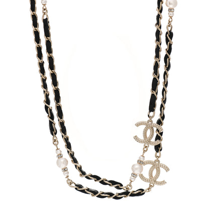Chanel Lambskin Pearl Crystal CC Long Chain Necklace Black Gold 1 of 4