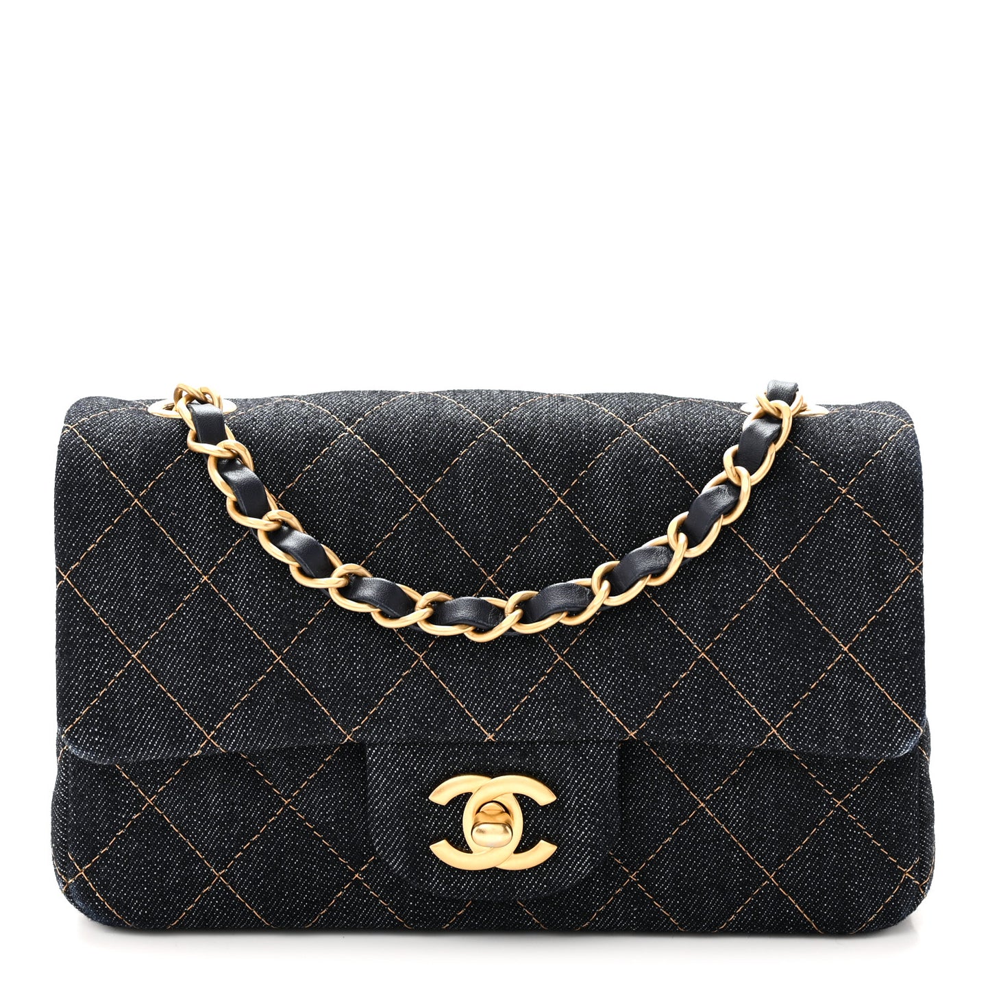 Denim Quilted Mini Rectangular Flap Dark Blue Orange