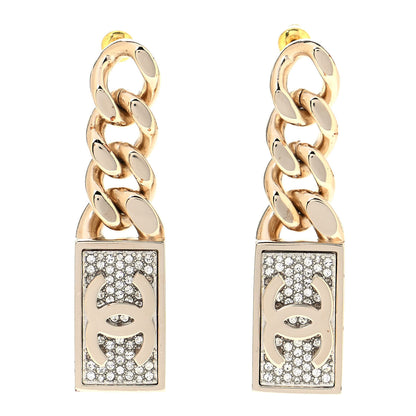 Chanel Crystal Dog Tag Charm Earrings Gold 1 of 4