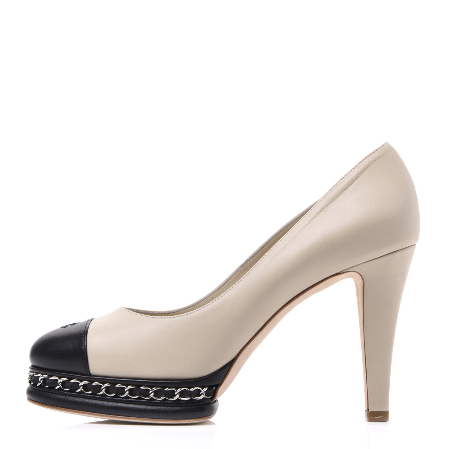 Calfskin CC Cap Toe Platform Chain Pumps 39 Beige Black