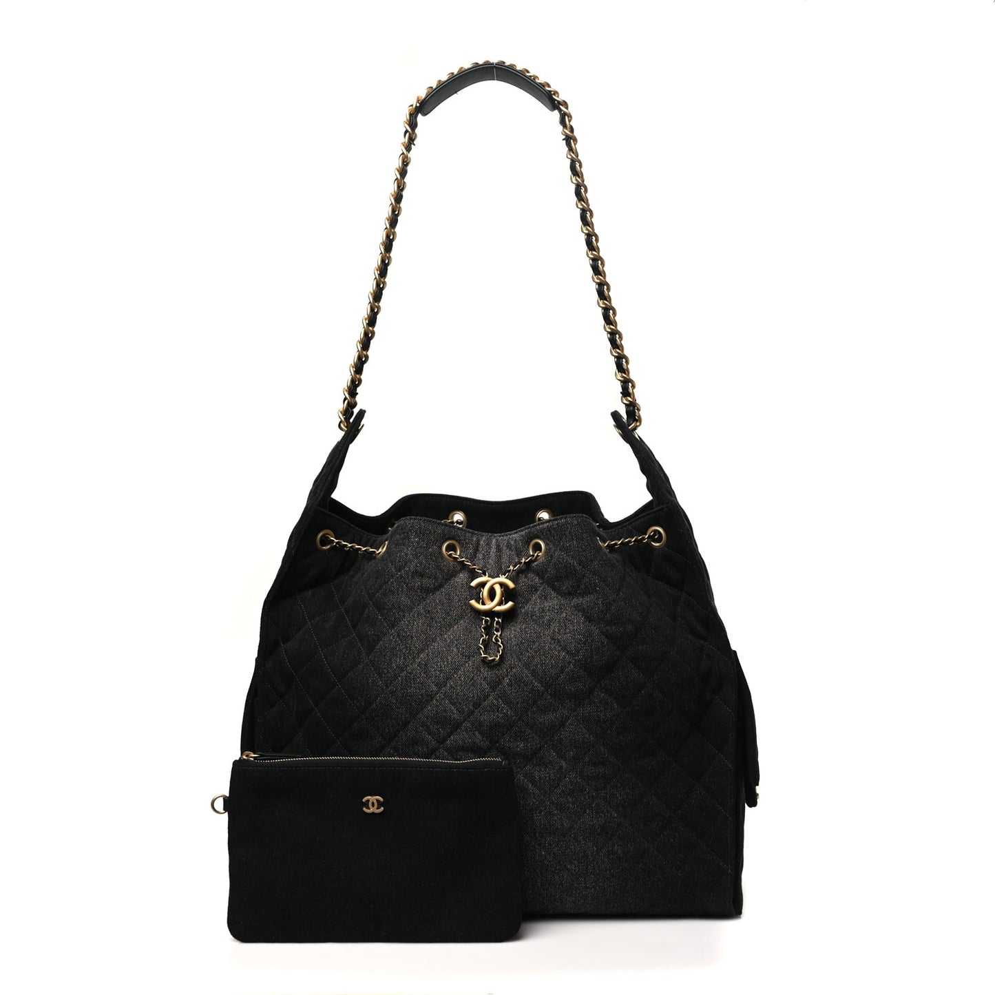 Washed Denim Quilted Large Chanel 25 Handbag Black