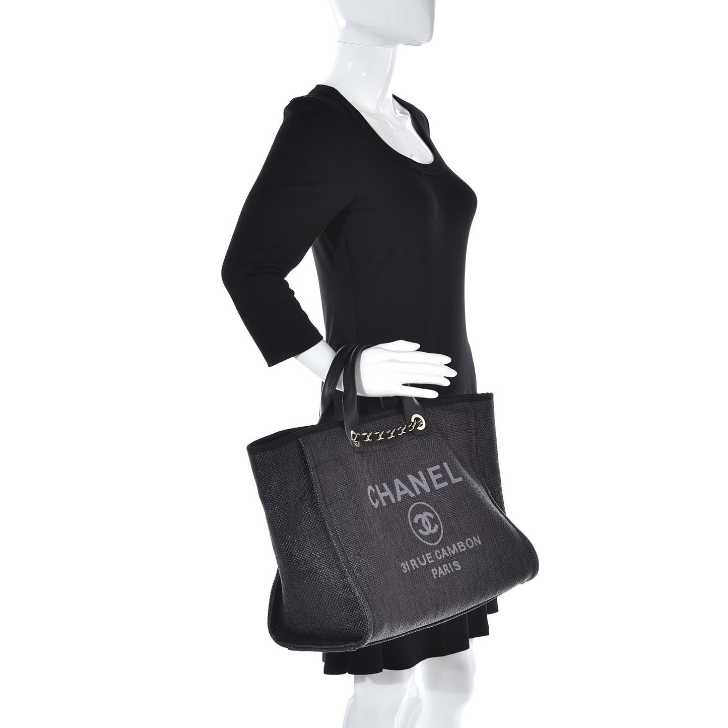 Woven Straw Raffia Large Deauville Tote Black