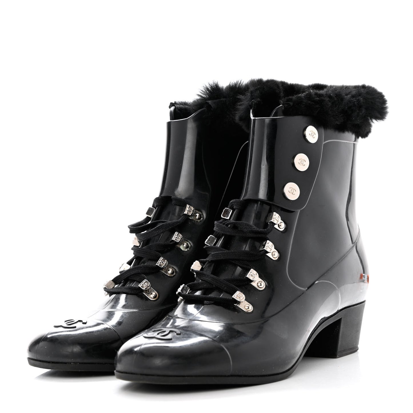 Rubber Rabbit Fur Lace Up Rain Boots 39 Black