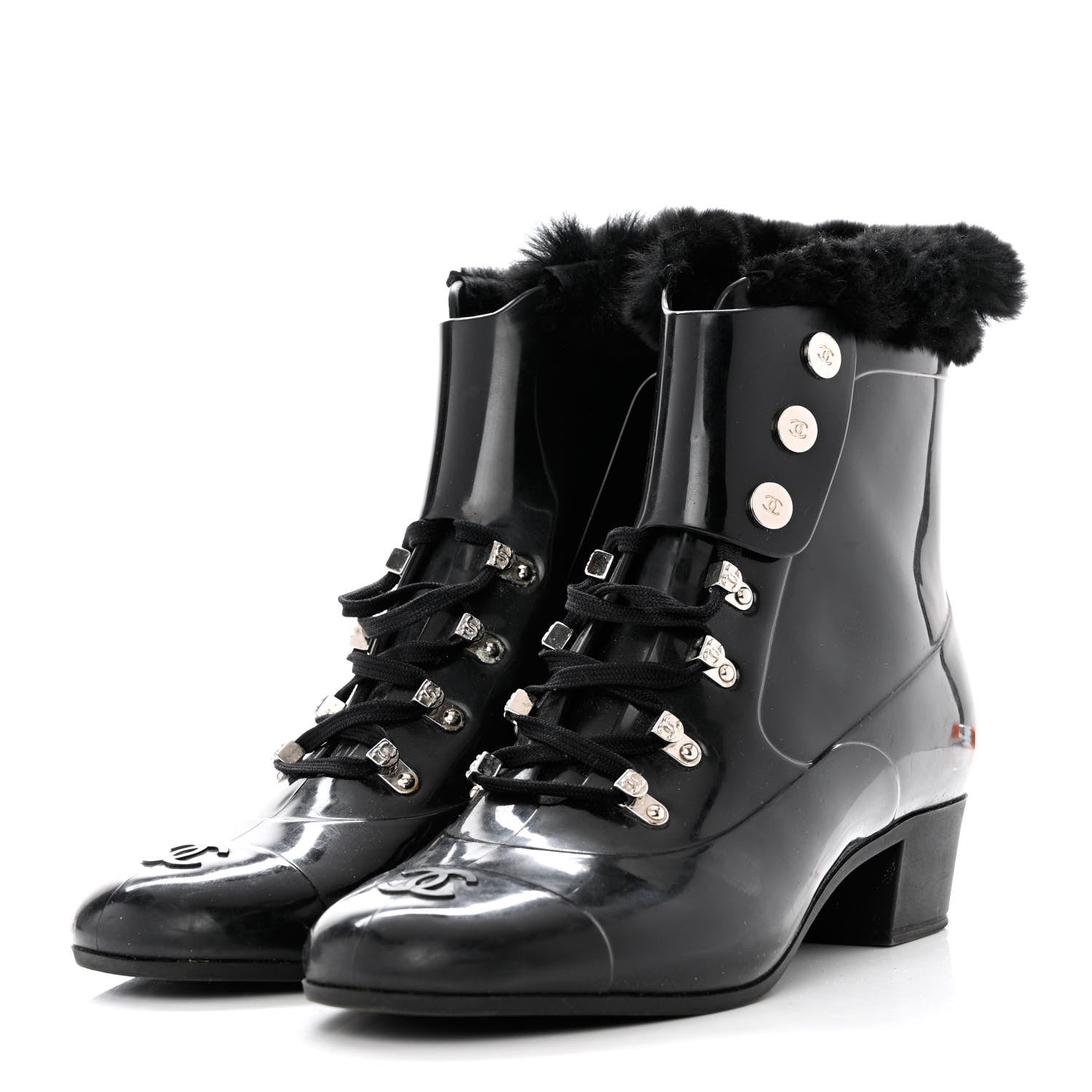 Chanel Rubber Rabbit Fur Lace Up Rain Boots 39 Black 3 of 8