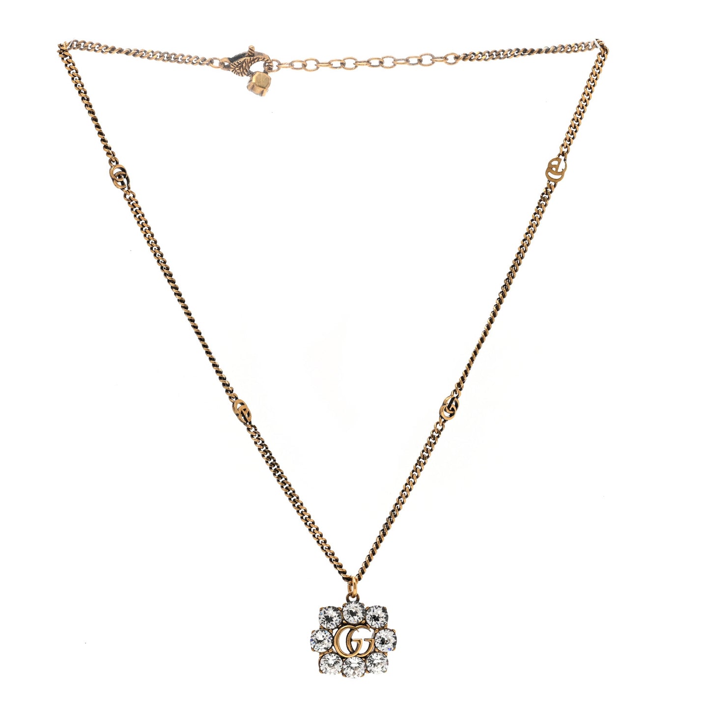 GUCCI Crystal Embellished Double G Necklace Aged Gold
