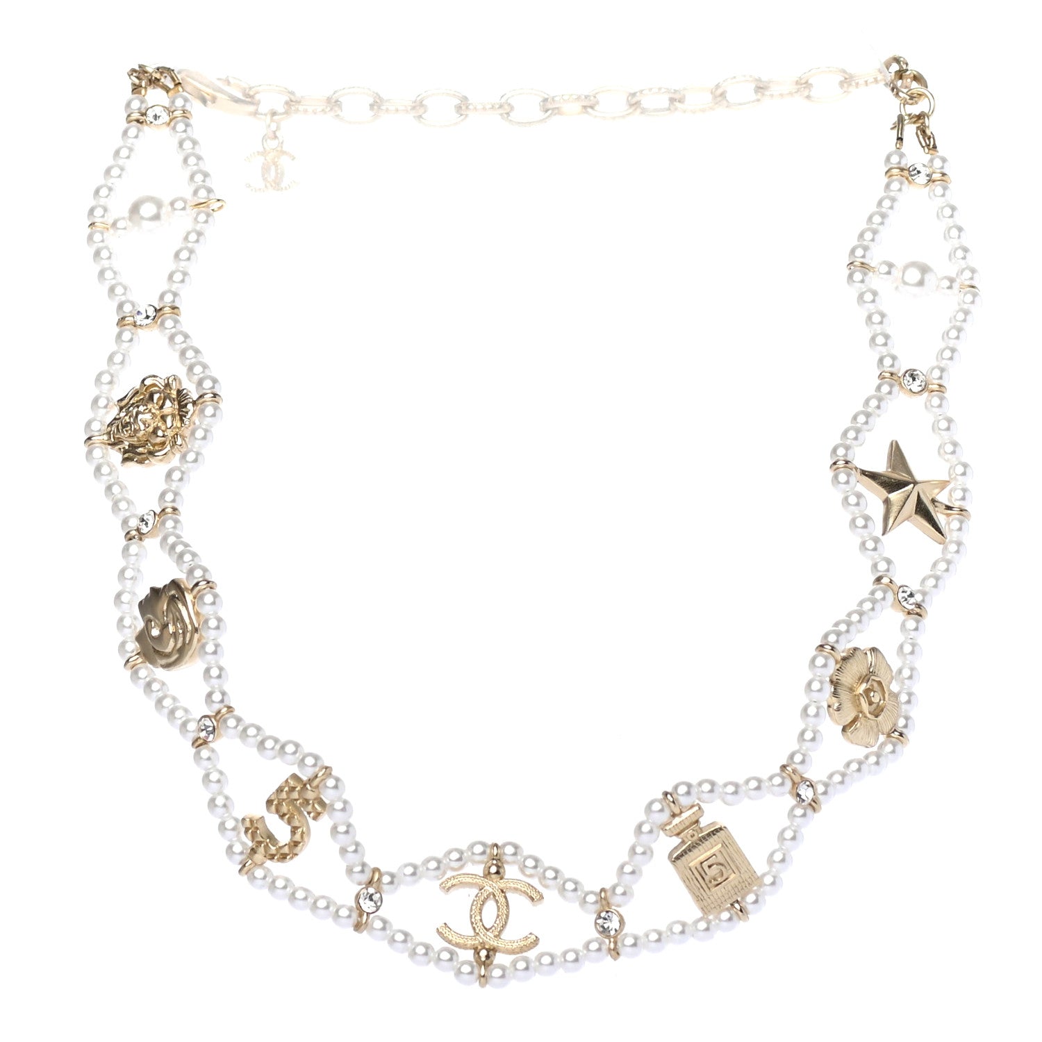 Chanel Pearl Crystal CC No 5 Perfume Bottle Choker Necklace Gold 1 of 4