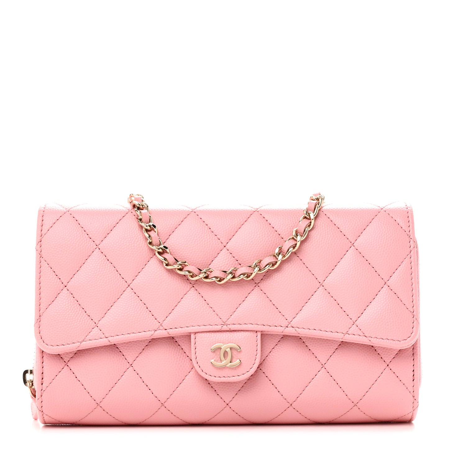 Caviar Quilted Phone Holder Wallet on Removable Chain Pink