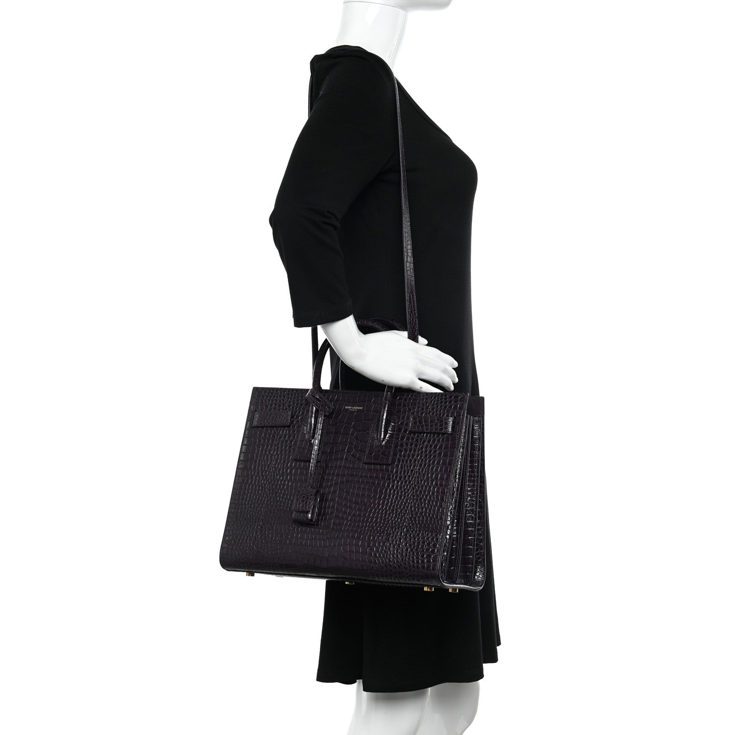 Saint Laurent Calfskin Crocodile Embossed Small Sac de Jour Prune 2 of 10