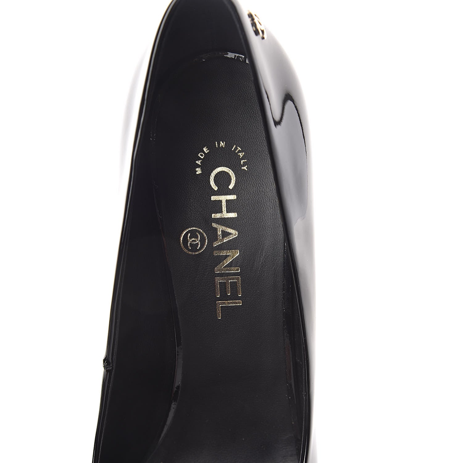 Chanel Patent Pearl Embellished Heel Peep Toe CC Pumps 41 Black 5 of 8